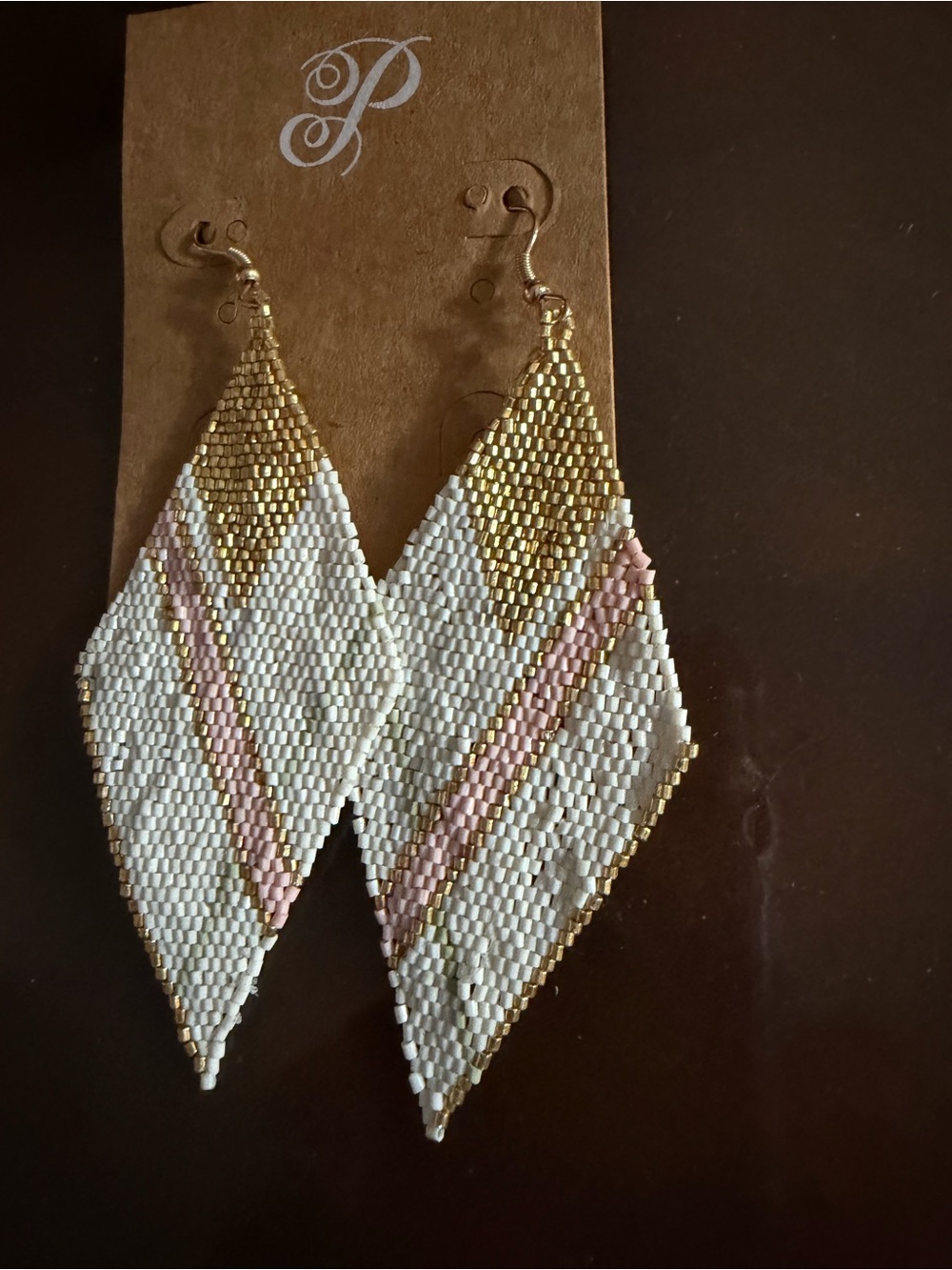 White, Gold & Pink Beaded Drop Earrings- Plunder